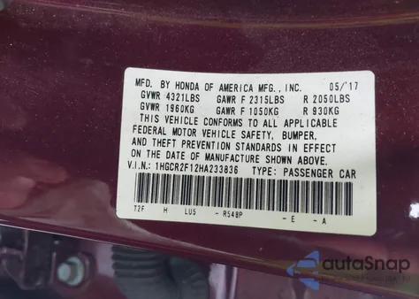 2017 Honda Accord Sport Se from USA, damaged, VIN 1HGCR2F12HA233836